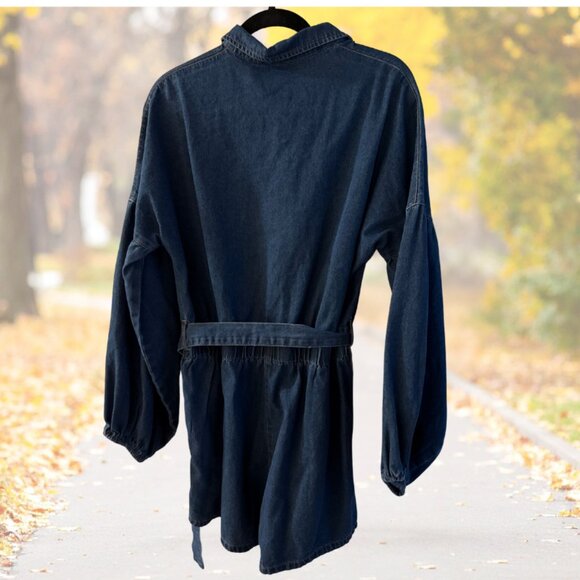 NEW Lantern Sleeve Denim Romper - Elastic Waist Tie Front Short Deep Denim - L - Picture 7 of 12